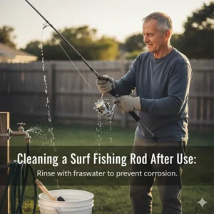 An angler rinsing the rod and reel with freshwater to prevent corrosion after a day of surf fishing.