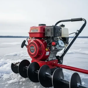 Close-up of the gas powered ice auger engine, highlighting the power unit and easy-start mechanism.