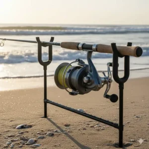A heavy-duty conventional reel mounted on a rod, favored by experienced anglers for deep-sea or heavy tackle surf fishing.