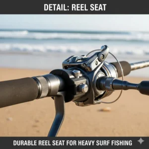 Detailed photograph of a durable Fuji reel seat securely holding a large spinning reel on a surf casting rod.