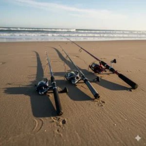 Comparison photo of three different lengths of surf casting fishing rods (e.g., 9-foot, 12-foot, 15-foot) laid side-by-side on the sand.