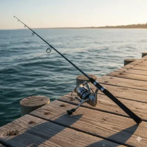A lightweight, fast-action spinning rod and reel on a jetty, ideal for casting lures and feeling bites while shore fishing.