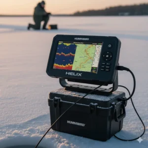 Split-screen view on an ice fishing fish finder showing real-time sonar and GPS mapping.