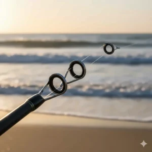 An illustration showing high-quality, corrosion-resistant fishing rod guides that allow line to flow smoothly for longer casts from the shore.