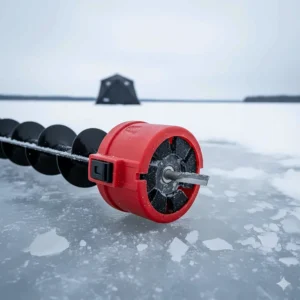 Image of a sturdy blade guard placed over the spiral bit of a gas powered ice auger for safety during transit.