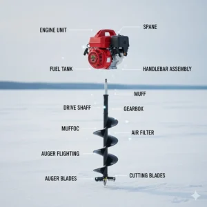 Diagram showing the main components of a gas powered ice auger, including the engine, fuel tank, and auger bit.