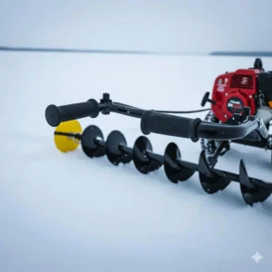 Ergonomic handle design on a gas powered ice auger for comfortable and balanced transport across the ice.