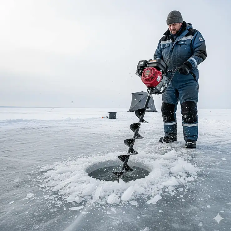 A powerful gas powered ice auger drilling a hole quickly into thick, frozen lake ice for ice fishing.