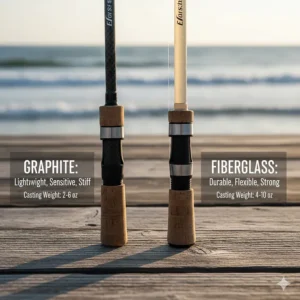 Close-up showing the difference in material construction between a lightweight graphite surf fishing rod and a durable fiberglass model.