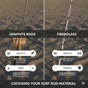 Infographic comparing the durability, weight, and sensitivity of graphite and fiberglass fishing rods used for surf casting.