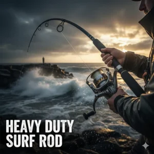 Review of a heavy duty fishing rod for surf casting, ideal for large fish.