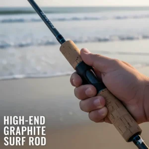 Detailed view of a high-end graphite fishing rod for surf casting, emphasizing sensitivity.