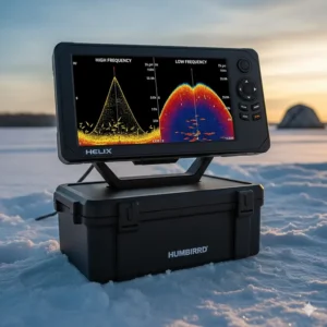 Comparison of high and low frequency sonar beams on an ice fishing fish finder for different depths.