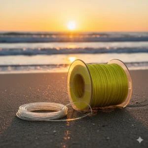 Spool of high-visibility braided line and a coil of fluorocarbon leader material, critical for the integrity of your surf fishing gear.