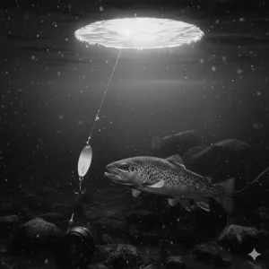 Clear black and white infrared (IR) view from an ice fishing camera in low-light conditions.