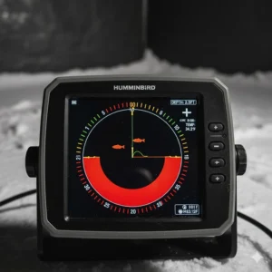 Close-up of a flasher view on a fish finder for ice fishing, showing lure and fish targets.