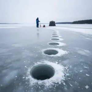 Several wide ice fishing holes already drilled in the ice, demonstrating the speed and efficiency of gas powered ice augers.