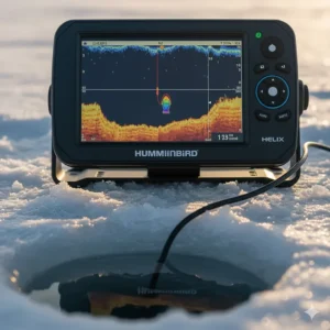 Example of excellent target separation, showing the jig and fish on the screen of a best ice fishing fish finder.