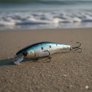 A detailed view of a lipless swimming minnow lure, a popular plastic plug used for catching striped bass during surf fishing.