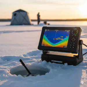 Real-time Live Sonar view from an advanced ice fishing fish finder to track fish and lures horizontally.