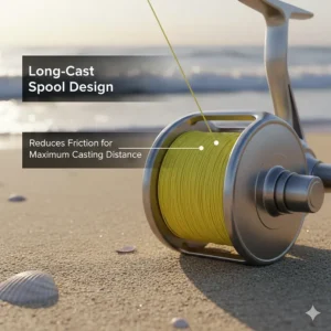 A long-cast spool on a reel, highlighting the shallow angle that helps reduce friction and increase casting distance for surf fishing.