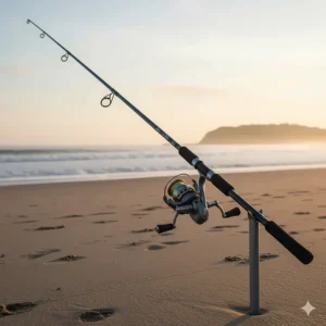 A powerful, long surf casting rod and reel setup, designed for achieving maximum distance when shore fishing on open beaches.