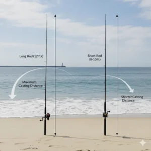 Comparison diagram illustrating the difference between a long 12-foot rod and a short 8-foot rod, highlighting casting distance for surf fishing.