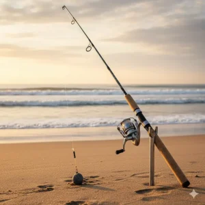 A versatile medium-action beachcaster rod in a rod holder on the sand, used for bait fishing in varying shore conditions.