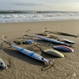 Close-up of metal jigs and spoons, which are effective surf fishing lures for long casts and catching fish like bluefish.