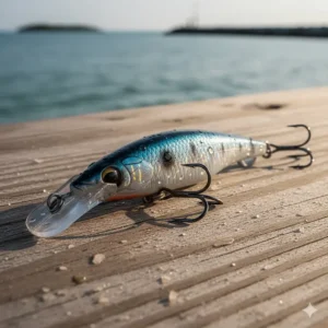 A realistic hard plastic minnow plug, a highly effective saltwater fishing lure for trolling or casting.