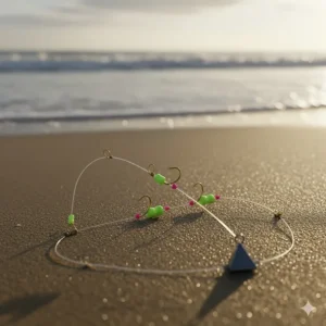A detailed look at a typical drop-loop or Pompano rig used for catching fish in the surf, an important piece of your surf fishing gear.