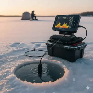 Portable ice fish finder in its carrying shuttle with the transducer deployed in the hole.