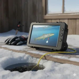 Close-up of a portable, sunlight-viewable monitor for the best ice fishing camera.