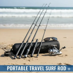 A compact and portable travel surf casting rod broken down for transport.