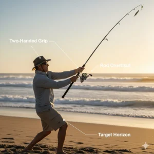 Instructional image demonstrating the proper technique for long-distance casting using a two-handed grip on a powerful best surf fishing rod.