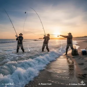Step-by-step diagram showing the proper overhead casting technique to maximize distance with a long surf fishing rod.
