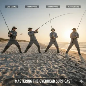 Animated illustration demonstrating the proper overhead-style surf casting technique for maximum distance with a heavy lure.