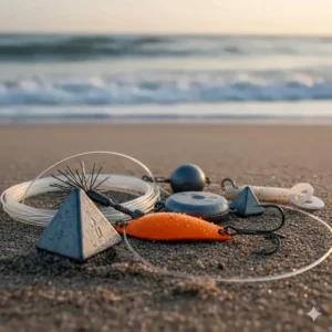 A pyramid-style sinker and a bright orange casting spoon, common terminal surf fishing gear used to anchor bait in strong currents.