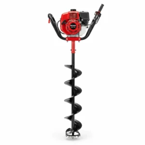 High-quality, isolated studio shot of a bright red gas powered ice auger with a sharp, heavy-duty cutting blade.