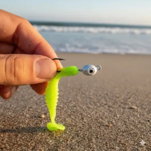A photo demonstrating how to rig a grub-style soft plastic lure on a jig head, a versatile presentation for surf fishing.