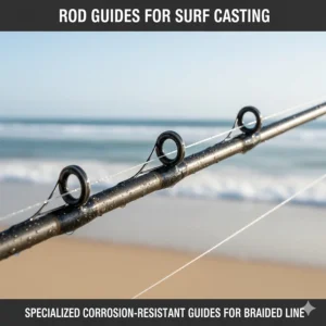 Close-up of specialized corrosion-resistant rod guides designed to handle heavy braided line and long casts on a surf fishing rod.