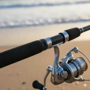 Close-up of the comfortable EVA foam grip and sturdy reel seat on a high-quality shore fishing rod.