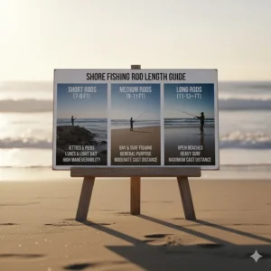 A graphic or chart illustrating the recommended rod length (e.g., 9-foot vs. 12-foot) for different types of shore fishing applications, such as jetties or open beaches.