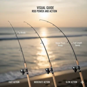 Visual guide illustrating the difference between fast, moderate, and slow action on a quality surf fishing rod tip under load.