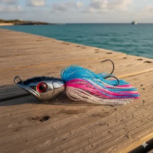 Large, brightly colored skirted trolling lure with an octopus skirt, a great choice for offshore saltwater fishing targeting marlin and wahoo.