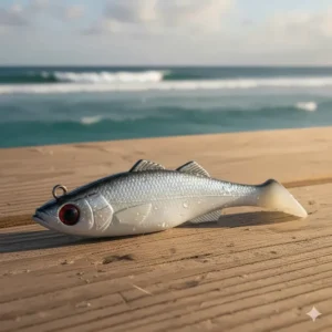 A life-like soft plastic swimbait saltwater fishing lure with a paddle tail rigged on a jig head, mimicking a live baitfish.
