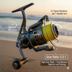 Close-up of a spinning reel handle and body, explaining the importance of the gear ratio for retrieving line while using surf fishing reels.