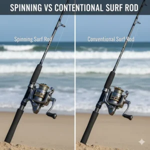 Comparison image of a spinning surf casting rod versus a conventional model.