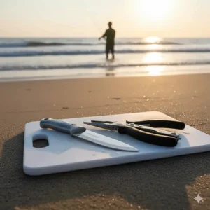 A stainless-steel bait knife, pliers, and a cutting board, standard utility surf fishing gear for preparing bait and handling catches.