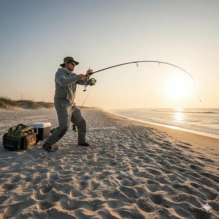 A professional angler performing a long-distance cast with a high-performance surf casting fishing rod on a sandy beach at sunrise, showing the complete setup.